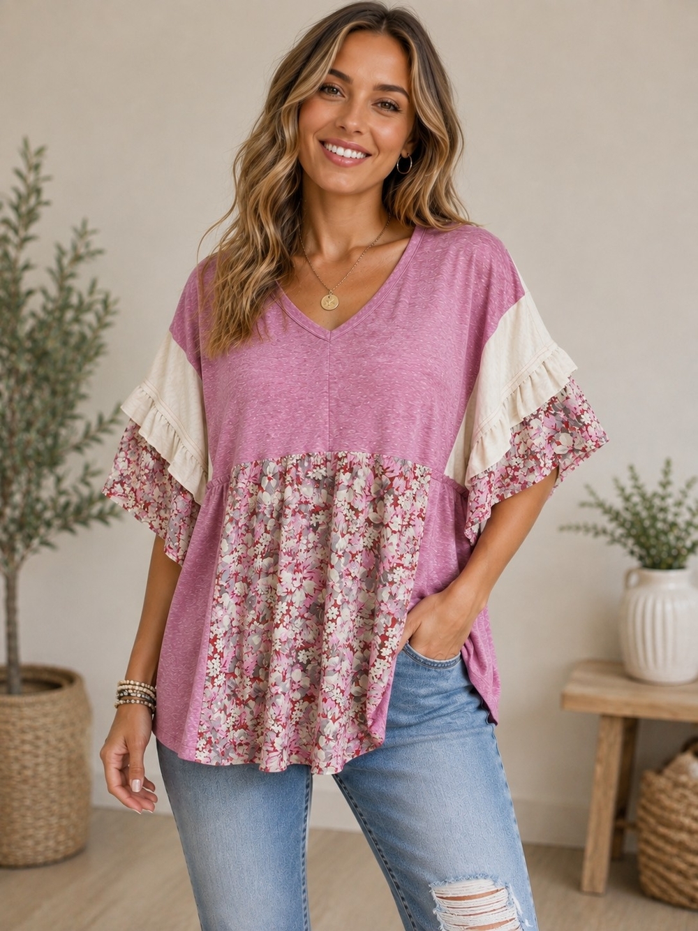 GiGiO Pink Colorblock Floral Patchwork Ruffle V-Neck Top Small Like New